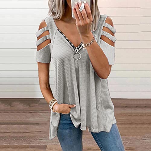 Summer Womens Tops,Women T Shirts Short Sleeve V Neck Tunic With Zipper Cold Shoulder Tops Loose Casual Tee T-Shirt #TOP1