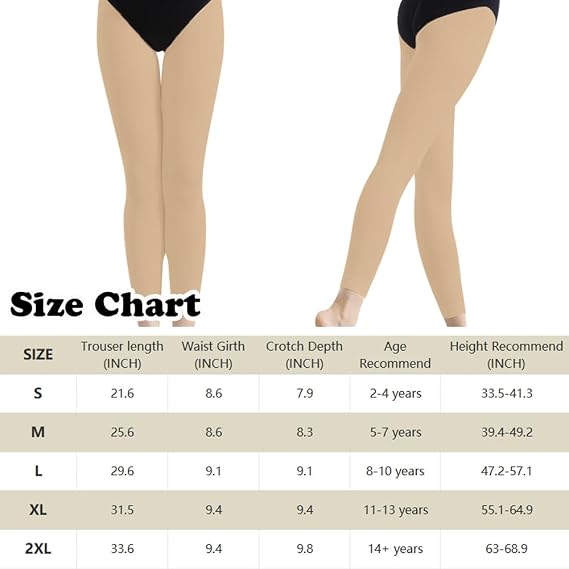 Kunoli Footless Dance Tights for Girls Kids Ballet Tights Black/Tan/White | 2 Pack Girls Footless Dance Tights for Toddler Little Big Girls for School and Daily