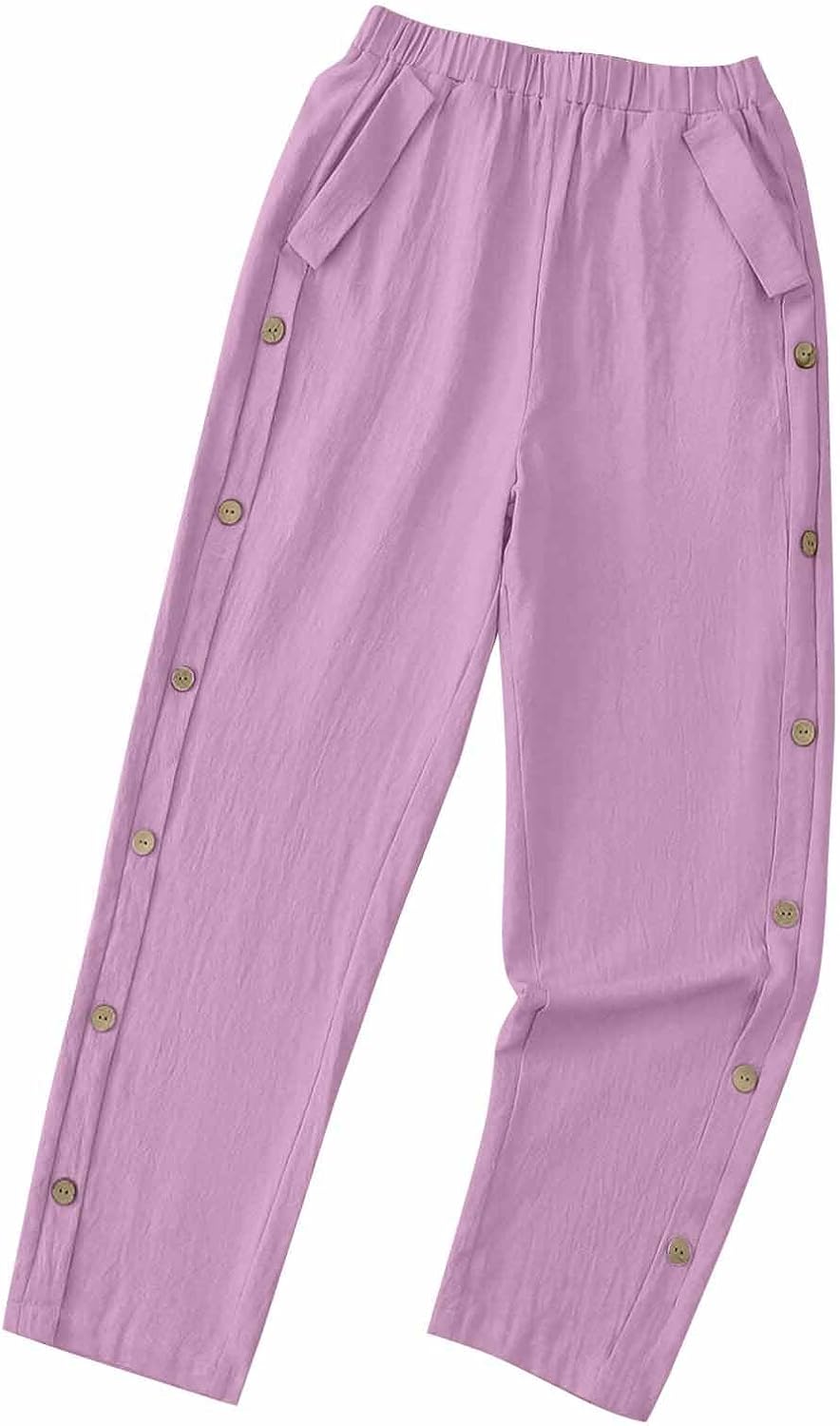 High Waisted Pants for Women Casual Linen Slacks Loose Wide Leg Trousers Side Button Elastic Waist Straight Pants