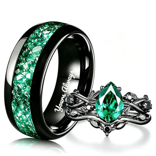 LuoShaHai Tungsten Matching His&Hers Wedding Ring Set (Green Crushed Stone)