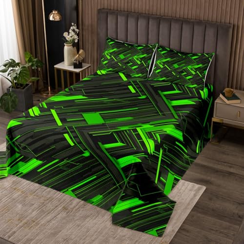 Erosebridal Green Black King Size Quilt Set for Boys Teens, Modern Geometric Bedspread Set Room Decor, Abstract Stripes Print Coverlet Set, Geometry Lines Bedding Set