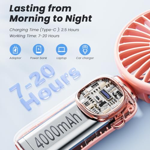 Image of coldSky Desk Fan, Portable Handheld Fan, 4000mAh Battery Operated With LED Display, 3 in 1 Personal Small Handheld Neck Desk, 90 Foldable With Base, 5 Speed (Pink)