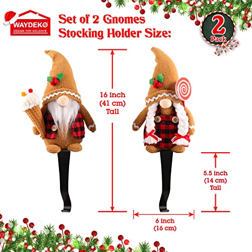 Waydeko Set Of 2 Gingerbread Gnomes Couple Christmas Stocking Holders Metal Coating Stockings Hangers Fireplace Garland Mantle Grips (005-Gingerbread Gnomes Holder Set 2) #TOP2