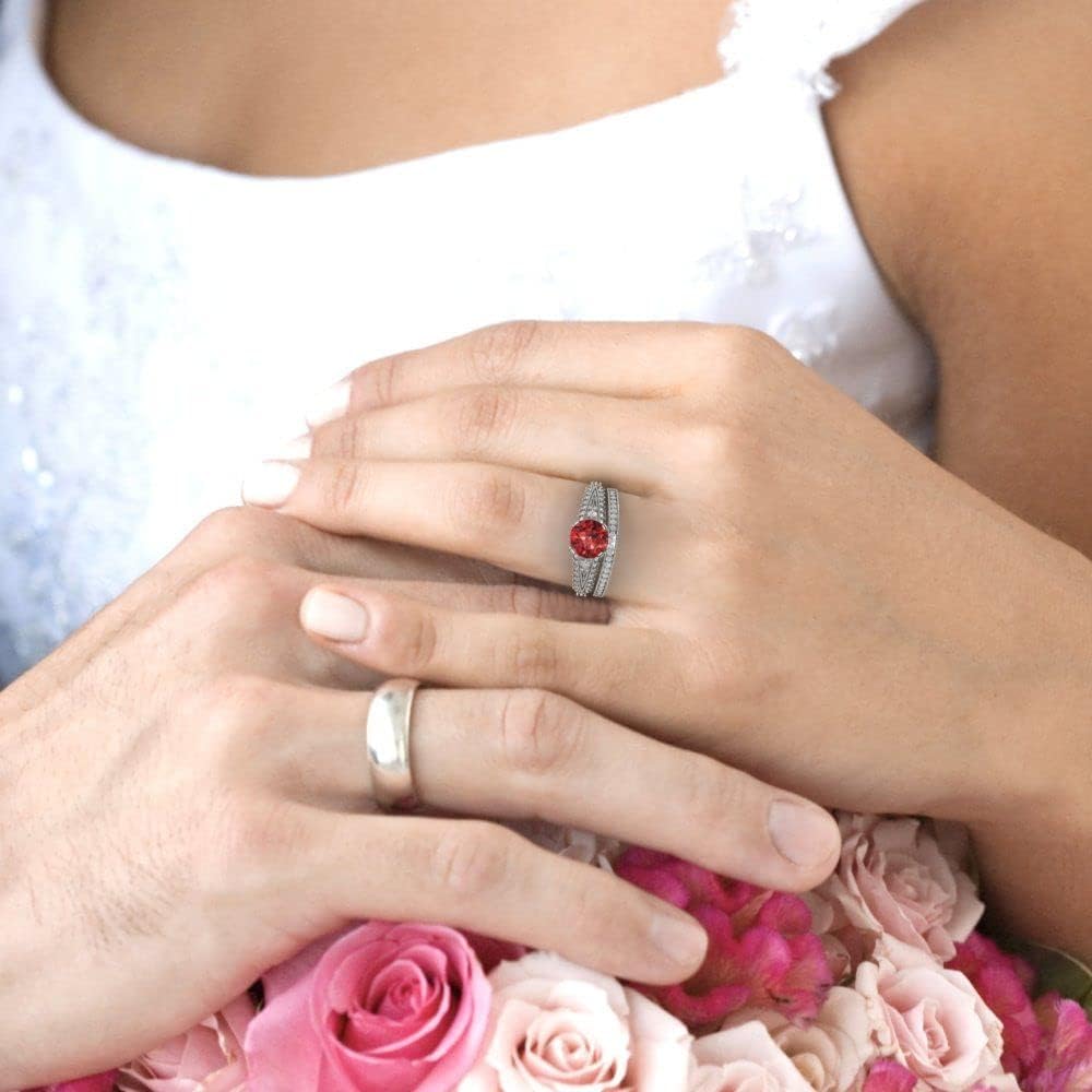 Clara Pucci 14K White Gold Wedding Set - Natural Garnet Solitaire with Accents Engagement Ring and Stackable Simulated Diamond Wedding Band for Women - Bridal Engagement Set