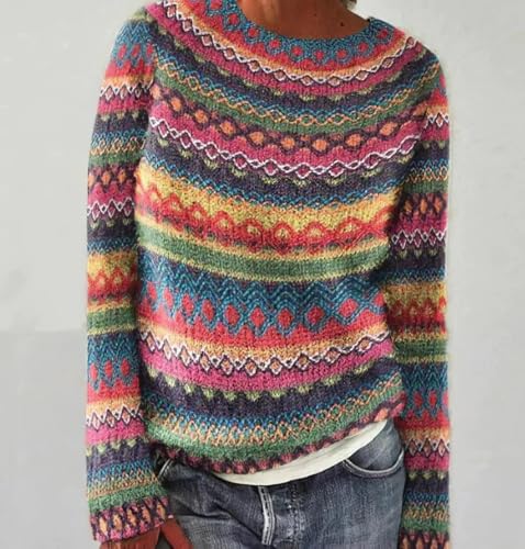 Women's Fair Isle Knit Pullover Sweater Oversized Casual Loose Crewneck Vintage Striped Long Sleeve Jumper Tops2