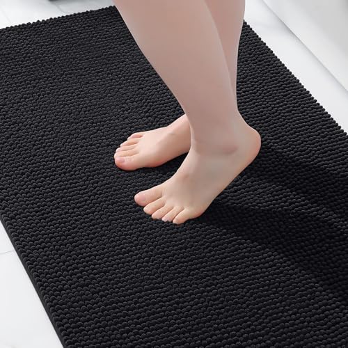 Homaxy Chenille Badezimmerteppich rutschfeste Badematte Waschbar Badteppich Weich Chenille Badvorleger Saugfähige Duschvorleger für Badezimmer - 40x60 cm Schwarz