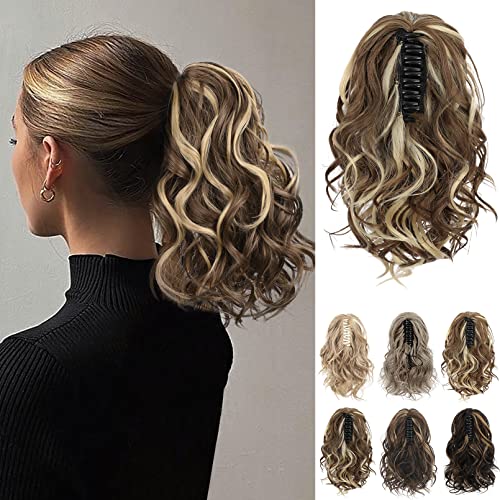 REECHO Ponytail Extensiones de pelo en cola de caballo corta y rizada para mujer, color marrón claro con detalles destacados