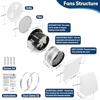 512M 6 Inch Through-the-Wall Exhaust Fan with White Grille, 80 CFM, 4.0 Sone, 16-Inch Retractable Duct, Household Ventilation Fan for Attic, Garage, Kitchen and Bathroom Exhaust Fan, Bathroom Vent Fan