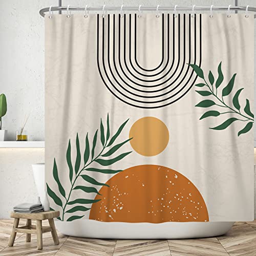 ASDCXZ Cortina de Ducha Boho 180x200 cm, Abstracto Moderno Hojas Verdes Naranja Línea del Sol Beige Cortinas de Ducha Lavables baño Textil de Cortina Ducha de baño Impermeable con 12 Ganchos