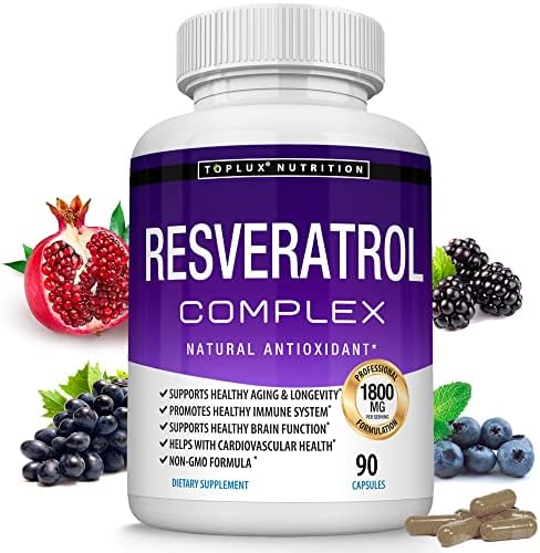 Resveratrol Supplement 1800 mg Antioxidant Complex - Highly Potent Natural Trans-Resveratrol Pills for Healthy Aging, Overall Health Support, Immune System, Brain Function, for Men Women, 90 Capsules