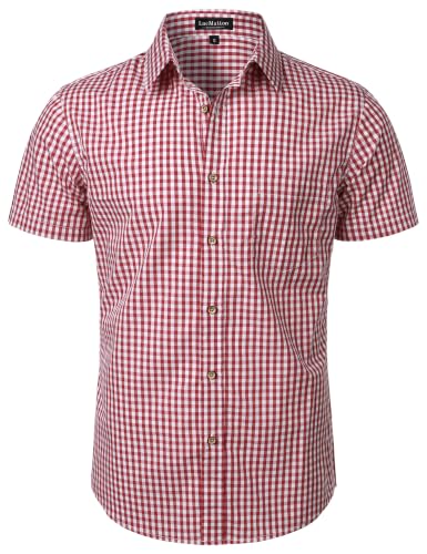 LucMatton Mens Plaid Short-Sleeve Button-Down Shirt Red Gingham L