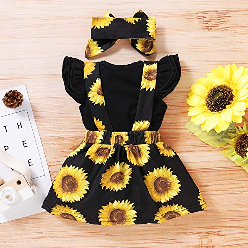 Younger Tree Infant Toddler Baby Girl Summer Outfit Sunflower Strap Sets Sleeveless Romper And Suspender Skirt 3Pcs Summer Clothing Sets (Black, 18-24 Months) #TOP2