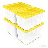 Large Industrial Storage Tote, 27 Gallon Clear Plastic Storage Bin with Snap-Fit Lid, Heavy Duty Stackable Storage Box in Yellow, 4 Pack for Garage Basement Home Organization