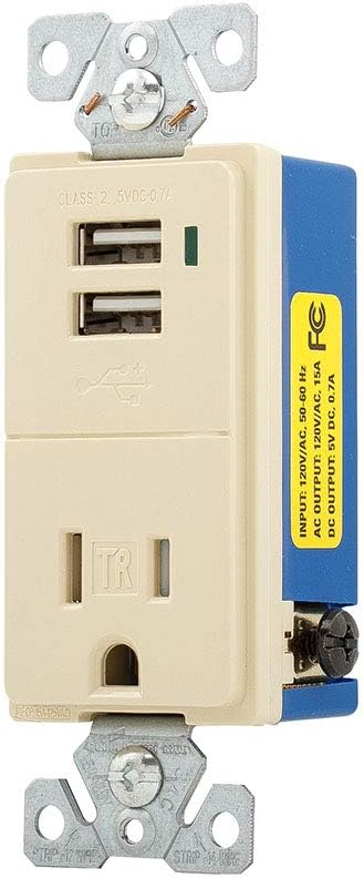 Eaton TR7740V-BOX Combination USB Charger with Tamper Resistant 15A 125V Receptacle, Ivory