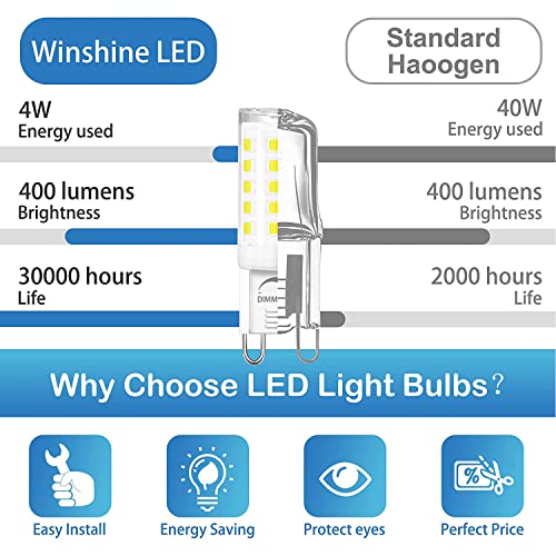 Winshine 10 Pack G9 Led Bulb Dimmable 6000K Daylight 4W, 40Watt G9 Halogen Equivalent G9 Bi Pin Base,T4 Chandelier Lighting No-Flicker Light Bulb 120V Ac #TOP6