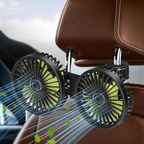 PAWLUN Ventilateur de Voiture Double Tête pour Siège Arrière, 3 Modes de Puissance Réglables, 360° Pivotant, Refroidissement pour Enfants, Chiens, Berline, SUV