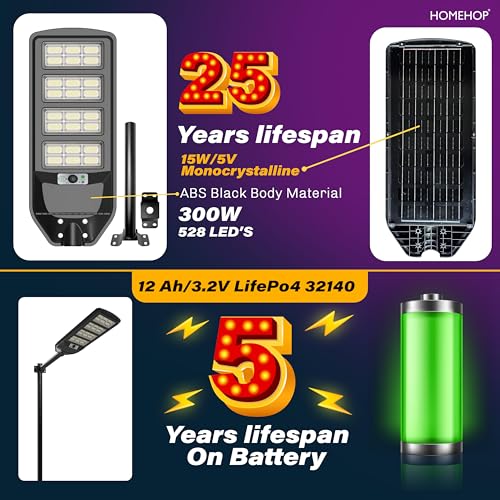 Image of Homehop Solar Light Outdoor Home Garden 300W Street Motion Sensor Night LED | Solar Street Light Outdoor Waterproof Automatic Wall Lamp for Road, Yard and Driveway with Pole (12000mAh, Cool White, ABS)
