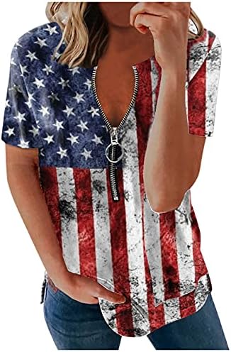 YUNDAN Womens Short Sleeve V Neck T-Shirts Summer Loose Casual Zipper Tee American Flag Patriotic Blouses 4th of July