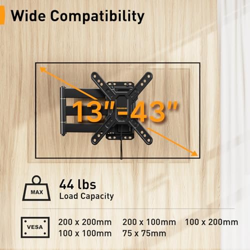 Perlegear Lockable RV TV Mount for 13–43 inch TVs up to 44 lbs, Full Motion RV TV Wall Mount with Swivel, Tilt, Pull Cord Lock, RV TV Mount for Camper, RV, Motorhome, Max VESA 200x200mm, PGLRVF2