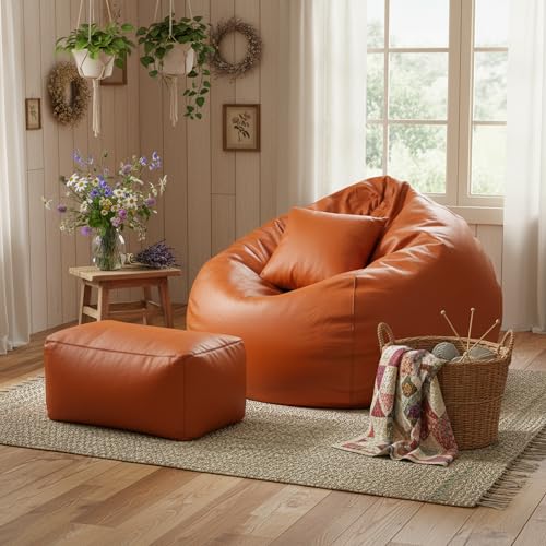 Image of Luxury 5XL Jumbo Bean Bag with Footrest & Cushion | Premium Leatherette | High-Density Beans Filled | Heavy Duty Double Stitch | 6 Months Warranty Color- (Navy Blue) (Orange)