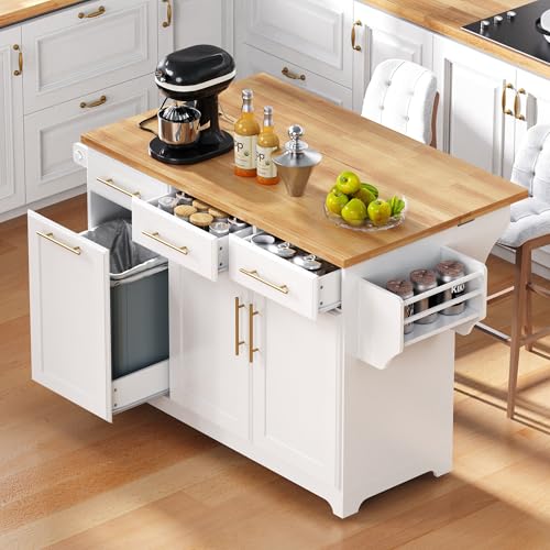 59.3 Inch Mobile Kitchen Island Cart with Rubber Wood Top, Built-in Power Outlet, Drop Leaf Countertop, Tilt-Out Trash Cabinet, Pull-Out Storage Organiser, 3 Drawers,3 Doors, 5 Rolling Wheels, White by Noble House Home Furnishings - Used condition - CA$177.44