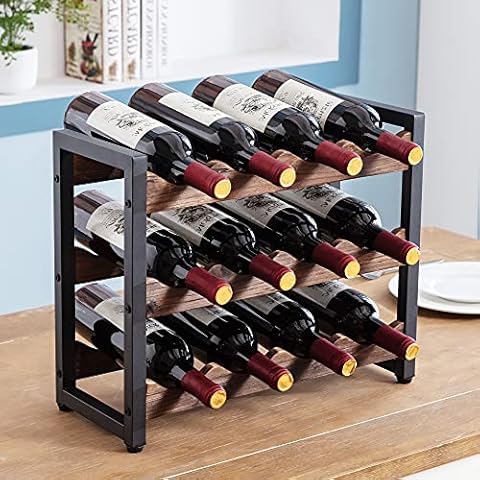 Wine Rack for 12 Bottles 3-Tier Free Standing Wine Storage Holder,Metal and wood structure Cover