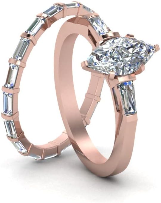 Choose Your Gemstone Petite Baguette Diamond CZ Wedding Set Rose Gold Plated Marquise Shape Wedding Ring Sets Matching Jewelry Wedding Jewelry Easy to Wear Gifts US Size 4 to 12