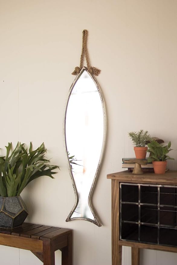 Miniatura 3 de MY SWANKY HOME Océano náutico acabado envejecido vertical pescado en forma de espejo de pared antiguo