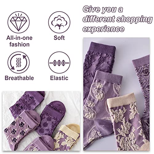 Image of 5 Pack Cute Womens Floral Socks, Vintage Embroidered Frilly Floral Ankle Cotton Cottagecore Socks