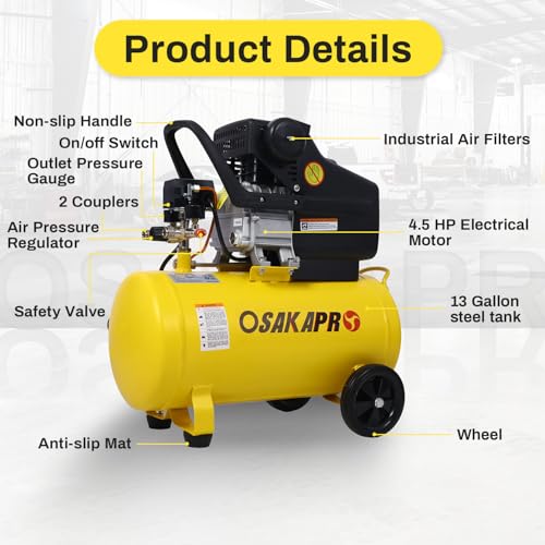 13 Gallon Portable Air Compressor with Wheels, 4.5HP 6.5CFM 115PSI, Oil-Lubricated Horizontal Tank for Garage, Workshop, Auto Repair, Tire Inflation, Spray Painting, Woodwork Nailing - Thumbnail 3