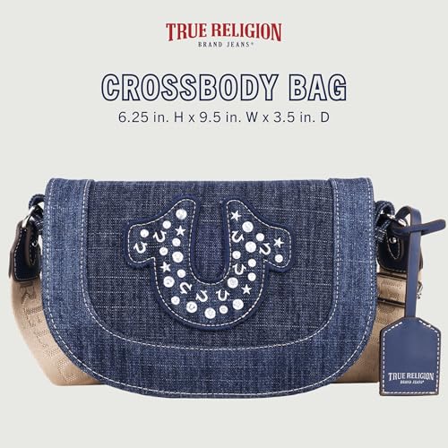 True Religion Women's Crossbody Bag, Denim Mini Flap Shoulder Handbag Purse with Studded Horseshoe, Dark Denim2