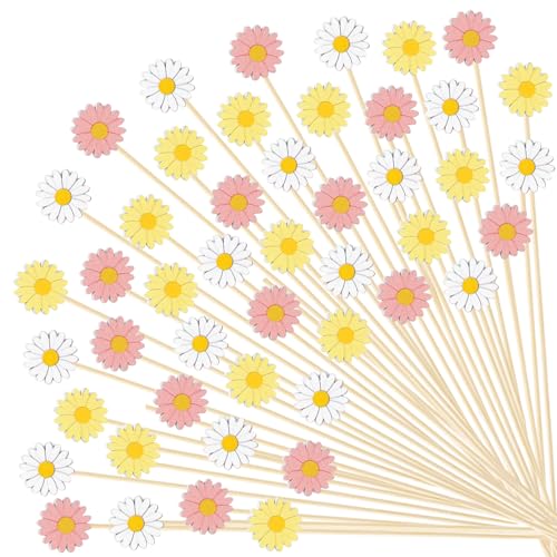 JarThenaAMCS 300 Pcs Daisy Cocktail Picks White Yellow Pink Flowers Food Toothpicks 3 Colors Floral Long Appetizer Skewers Cocktail Sticks Decorative for Fruit Drink Dessert Party Supplies