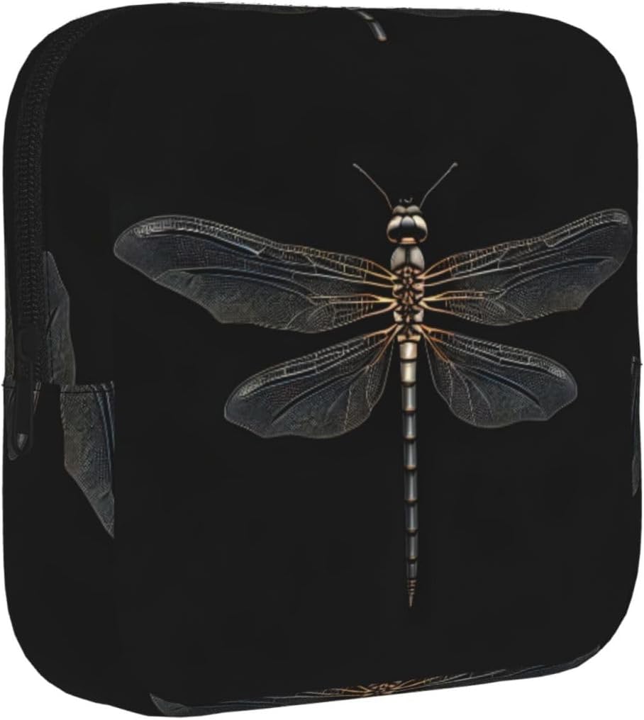 Dragonfly Black Print Women Period Bag Sanitary Pouch Portable Pad Pouch Tampon Holder Small Zipper Pouch Storage Bag