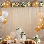 10x10ft Champagne Tulle Backdrop Curtain with Lights String for Parites, Sheer Backdrop Curtains for Wedding Baby Shower Birthday Party Photo Shoot Decorations - Image 2