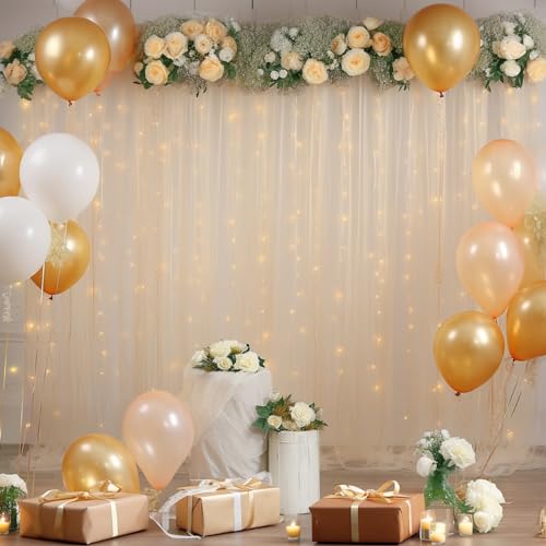 10x10ft Champagne Tulle Backdrop Curtain with Lights String for Parites, Sheer Backdrop Curtains for Wedding Baby Shower Birthday Party Photo Shoot Decorations - Image 3