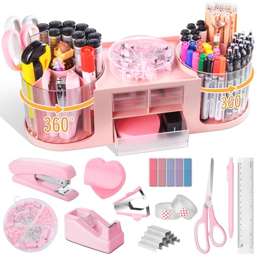 Organizador de mesa giratório rosa e acessórios, material de escritório, suporte de caneta de 360° c