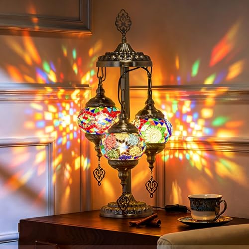 BOHMR 3 Globes Turkish Mosaic Lamp, 23" Handmade Moroccan Lamp, Multicolor