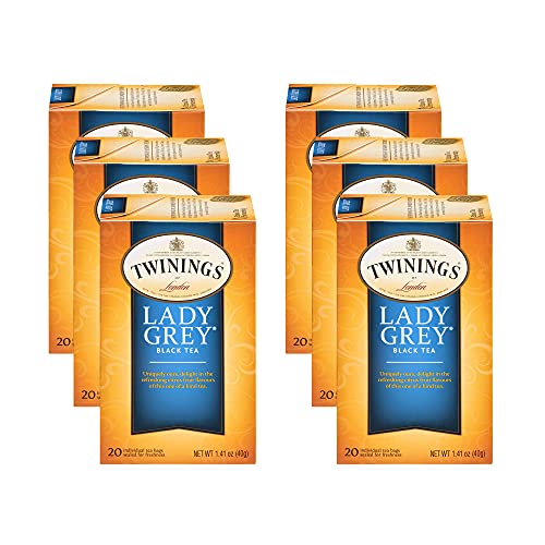 Twinings Lady Grey Individually Wrapped Tea Bags, 20 Count Pack Of 6, Black Tea, Orange Peel & Lemon Peel, Caffeinated #TOP4