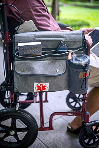 Wheelchair Side Pouch Bag(Double-Side) with Cup and Phone Holder for Manual, Electric or Power Mobility Scooter Full ARMREST by P&F for Lightweight Transport - Deluxe Wheelchair Accessories (Gray)