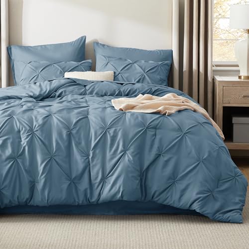 Image of Bedsure Full Comforter Set Mineral Blue - Bed in a Bag Full Size Bedding Set 7 PCS, GentleSoft Pintuck Bed Set Gift for Family, All Season Down Alternative Comforter with Sheets, Pillowcases & Shams