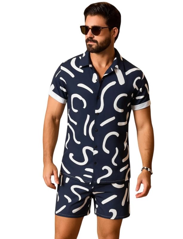 Men’s Printed Co-Ord Set | Plus Size Casual Shirt & Shorts Set | Nightwear Pajama Suit, Loungewear, Beachwear & Vacation Outfit Design No Shirt-Short Set11-Parent-picture-34