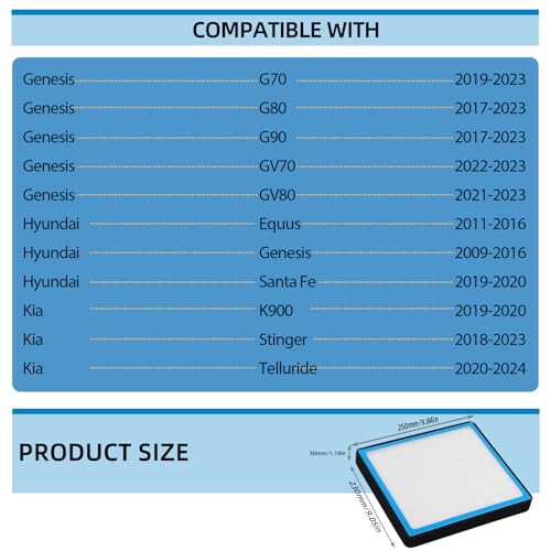 1 filtro de ar de cabine HEPA CF10735 compatível com Hyundai Equus 2011-2016, Genesis 2009-2016, San
