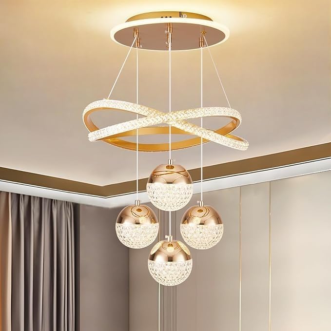 DXB Modern Gold LED Chandeliers 3-Color Dimmable Pendant Light for Kitchen Island Dining Room living Room Contemporary Hanging Ceiling Light Adjustable Height Perfect for Modern Home Decor stylish