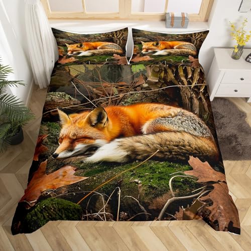 Erosebridal Fox Duvet Cover Full,Tree Branch Camo Bedding Set Jungle Wild Animal Woodland Hunting Comforter Cover for Boys Teen Men Rustic Farmhouse Bed Set Autumn Nature Camouflage Quilt Cover 3 Pcs
