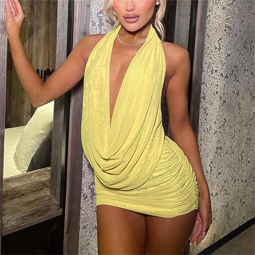Mylleure Sheer Mesh 2 Piece Outfits for Women Summer Sexy Sleeveless Cowl Neck Halter Tank Top Bodycon Ruched Mini Skirt Set3