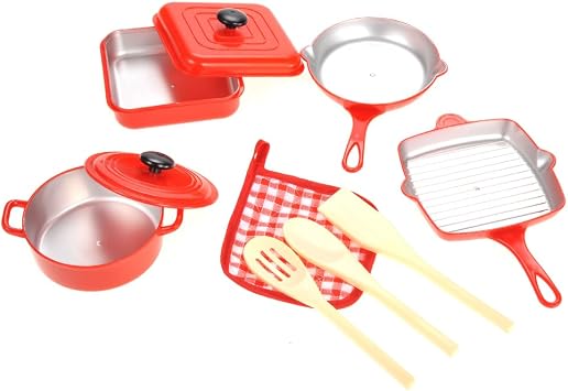 PowerTRC 10 Piece Pots and Pans Kitchen Cookware Playset for Kids with Cooking Utensils Set, Pretend Toy for Kids 3-6