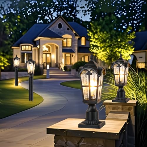 2 Pack Outdoor Post Lighting Fixture for Entryway Garden Walkway Backyard, Waterproof Aluminum Pole Lantern Light with Pier Mount Base, Black Outdoor Lamp Post Lantern Light