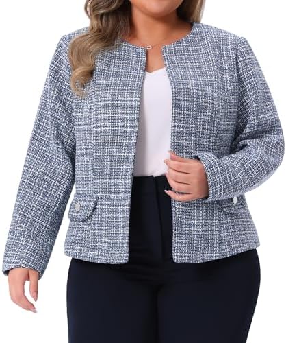 Agnes Orinda Plus Size Tweed Blazer for Women Collarless Long Sle...