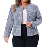 Agnes Orinda Plus Size Tweed Blazer For Women Collarless Long Sleeve Open Front Work Business Jacket Suits Casual 4X Blue