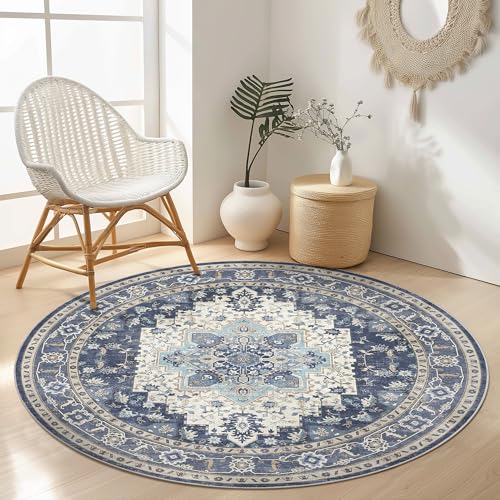 Image of GENIMO Round Rug 120cm for Living Room & Bedroom, Vintage Area Rug Washable, Circle Small Rug Boho, Non-Slip Carpet Dining Room, Low Pile, Traditional Oriental Printed Design, Vintage Navy